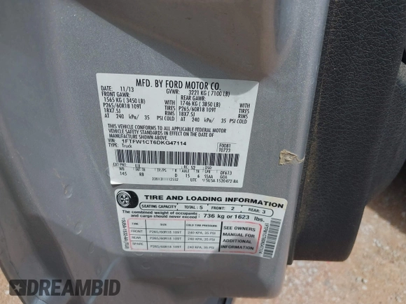 2013 Ford F-150 XL with VIN 1FTFW1CT6DKG47114, listed as a IAAI auction lot 42409920 with 155,140 mi miles and . Bid and sale history available at DreamBid. Image 9.