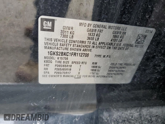 2015 GMC Yukon SLT z VIN 1GKS2BKC1FR112708, wystawiony jako Copart lot #53963165 z przebiegiem 123 331 mil mil oraz Szkoda całkowita • Salvage title. Historia ofert i sprzedaży dostępna na DreamBid. Obrazek 13.