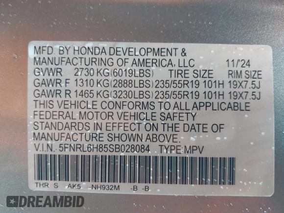 2025 Honda Odyssey Touring с VIN 5FNRL6H85SB028084, выставлен на аукционе IAAI как лот 41822857 с пробегом 3 784 миль миль и . История ставок и продаж доступна на DreamBid. Изображение 9.