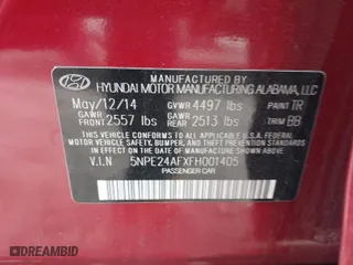 2015 Hyundai Sonata 2.4L SE with VIN 5NPE24AFXFH001405, listed as a IAAI auction lot 41748056 with 198,989 mi miles. Bid and sale history available at carsss.com. Image 9.