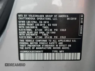 2019 Volkswagen Atlas SE with VIN 1V2WR2CA2KC583977, listed as a Copart auction lot 56501575 with 129,979 mi miles and Salvage title. Bid and sale history available at DreamBid. Image 14.