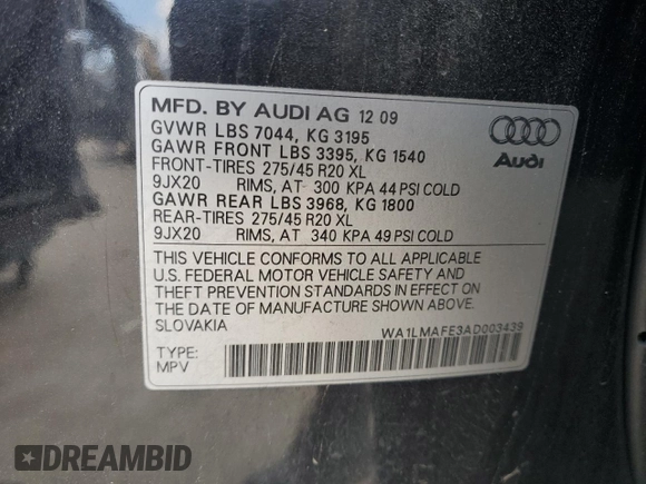 2010 Audi Q7 Premium Plus с VIN WA1LMAFE3AD003439, выставлен на аукционе Copart как лот 72647054 с пробегом 149 789 миль миль и Чистый • Clean title. История ставок и продаж доступна на DreamBid. Изображение 13.