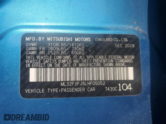 2020 Mitsubishi Mirage ES z VIN ML32F3FJ5LHF05052, wystawiony jako Copart lot #60622335 z przebiegiem 122 612 mil mil oraz Czysty tytuł • Clean title. Historia ofert i sprzedaży dostępna na DreamBid. Obrazek 12.