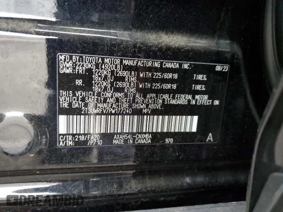 2023 Toyota RAV4 Hybrid XLE with VIN 2T3UWRFV7PW177240, listed as a Copart auction lot 55631115 with 7,655 mi miles and Salvage title. Bid and sale history available at DreamBid. Image 14.