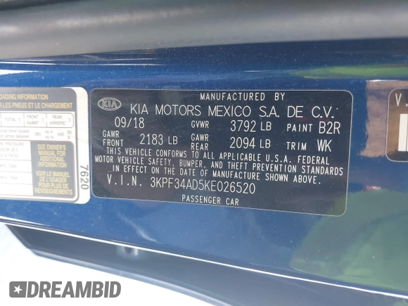 2019 Kia Forte S z VIN 3KPF34AD5KE026520, wystawiony jako IAAI lot #42257029 z przebiegiem 90 525 mil mil oraz . Historia ofert i sprzedaży dostępna na DreamBid. Obrazek 9.