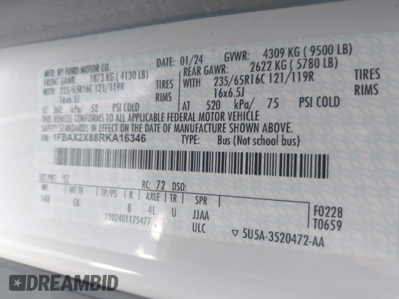 2024 Ford Transit Passenger XL with VIN 1FBAX2X88RKA16346, listed as a IAAI auction lot 42478903 with 21,423 mi miles and . Bid and sale history available at DreamBid. Image 9.