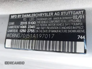 2001 Mercedes-Benz S 320/430/500 with VIN WDBNG70J51A197017, listed as a IAAI auction lot 41936977 with Not Provided miles and . Bid and sale history available at carsss.com. Image 9.