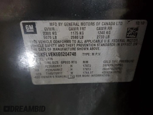 2014 GMC Terrain SLE with VIN 2GKFLVEK6E6204748, listed as a Copart auction lot 57119795 with 115,594 mi miles and Clean title. Bid and sale history available at DreamBid. Image 13.