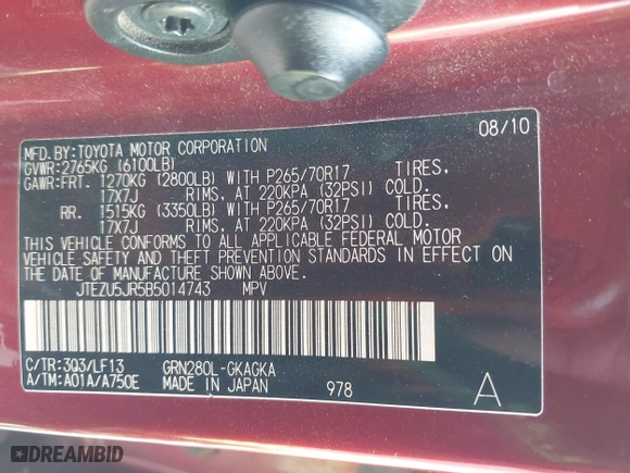 2011 Toyota 4Runner SR5 with VIN JTEZU5JR5B5014743, listed as a IAAI auction lot 41526424 with 248,572 mi miles. Bid and sale history available at carsss.com. Image 9.