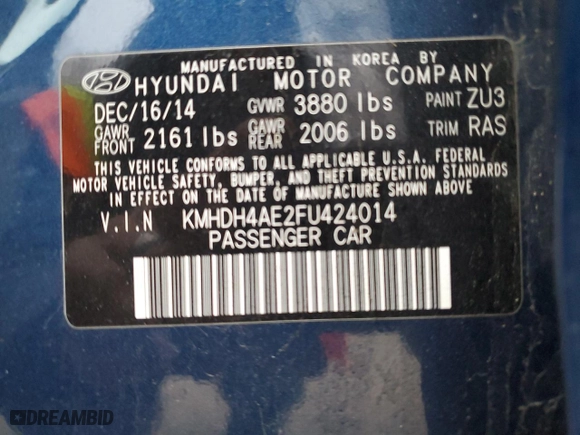 2015 Hyundai Elantra Limited with VIN KMHDH4AE2FU424014, listed as a Copart auction lot 49091015 with 46,928 mi miles and Salvage Title. Bid and sale history available at carsss.com. Image 12.