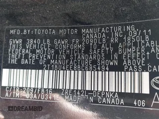2011 Toyota Corolla L with VIN 2T1BU4EE8BC685494, listed as a IAAI auction lot 42182682 with Not Provided miles and . Bid and sale history available at DreamBid. Image 9.