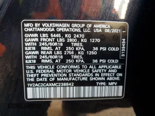 2021 Volkswagen Atlas S with VIN 1V2AC2CAXMC238842, listed as a Copart auction lot 88894625 with 13,341 mi miles and Salvage title. Bid and sale history available at DreamBid. Image 13.