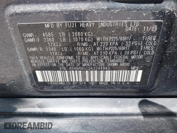 2010 Subaru Outback Premium All-Weather Anniversary with VIN 4S4BRBGC3A3344993, listed as a IAAI auction lot 42393450 with 117,439 mi miles and . Bid and sale history available at DreamBid. Image 9.