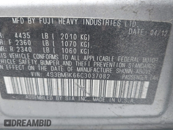 2012 Subaru Legacy Limited with VIN 4S3BMBK66C3037082, listed as a IAAI auction lot 41908566 with 210,838 mi miles and . Bid and sale history available at DreamBid. Image 9.