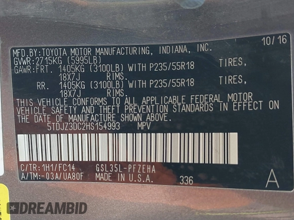 2017 Toyota Sienna LE with VIN 5TDJZ3DC2HS154993, listed as a IAAI auction lot 41372165 with 151,300 mi miles. Bid and sale history available at carsss.com. Image 9.
