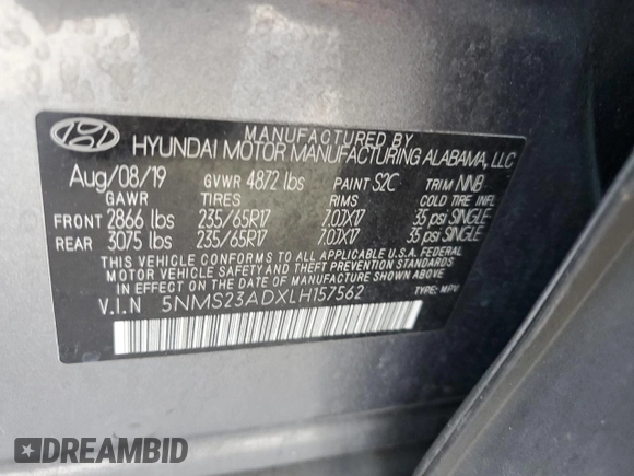 2020 Hyundai Santa Fe SE with VIN 5NMS23ADXLH157562, listed as a Copart auction lot 50577945 with 106,890 mi miles and Non Repairable. Bid and sale history available at carsss.com. Image 13.