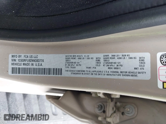 2022 Ram 1500 TRX with VIN 1C6SRFU92NN383774, listed as a IAAI auction lot 41788415 with 34,646 mi miles and . Bid and sale history available at DreamBid. Image 9.