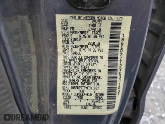 2000 Nissan Frontier XE with VIN 1N6ED27T2YC311037, listed as a Copart auction lot 57901285 with Not provided miles and Salvage title. Bid and sale history available at DreamBid. Image 12.