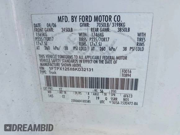2006 Ford F-150 XLT with VIN 1FTPX125X6KD32131, listed as a IAAI auction lot 42450582 with 259,423 mi miles and . Bid and sale history available at DreamBid. Image 9.
