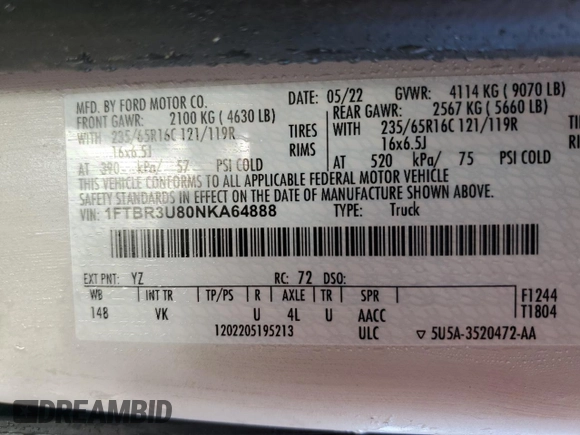 2022 Ford Transit Cargo with VIN 1FTBR3U80NKA64888, listed as a Copart auction lot 83809614 with 75,978 mi miles and Salvage Title. Bid and sale history available at DreamBid. Image 13.