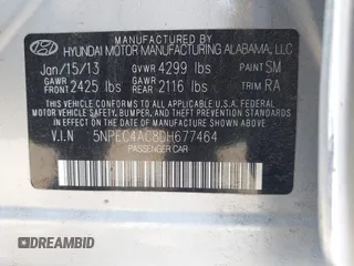 2013 Hyundai Sonata Limited with VIN 5NPEC4AC8DH677464, listed as a IAAI auction lot 42011646 with 101,695 mi miles and . Bid and sale history available at carsss.com. Image 9.