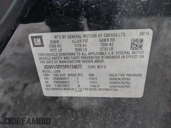 2015 Chevrolet Equinox LT with VIN 2GNFLGEK5F6134577, listed as a IAAI auction lot 41699408 with 96,627 mi miles. Bid and sale history available at carsss.com. Image 9.
