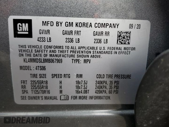 2021 Buick Encore GX Select with VIN KL4MMDSL8MB067969, listed as a Copart auction lot 56533795 with 45,690 mi miles and Salvage title. Bid and sale history available at DreamBid. Image 12.