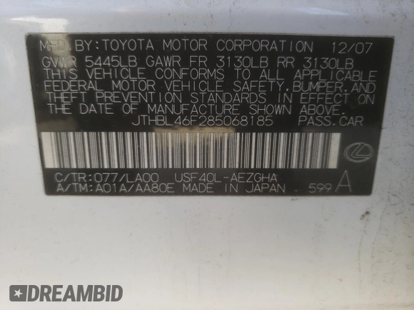 2008 Lexus LS 460 z VIN JTHBL46F285068185, wystawiony jako Copart lot #47085665 z przebiegiem 227 911 mil mil oraz Szkody całkowita. Historia ofert i sprzedaży dostępna na DreamBid. Obrazek 12.
