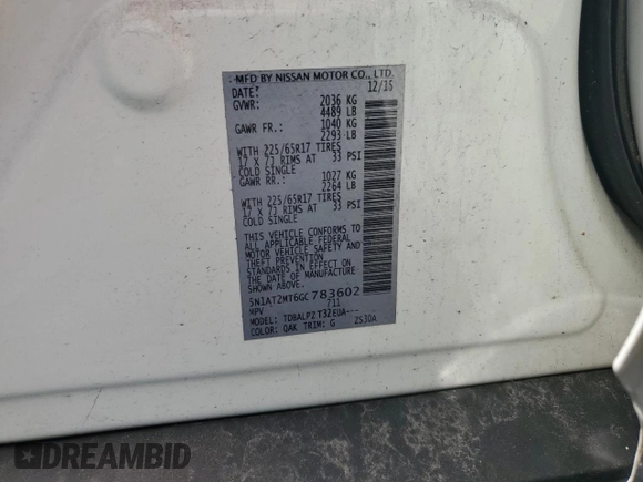 2016 Nissan Rogue SL with VIN 5N1AT2MT6GC783602, listed as a Copart auction lot 54310555 with 94,594 mi miles and Salvage Title. Bid and sale history available at DreamBid. Image 13.