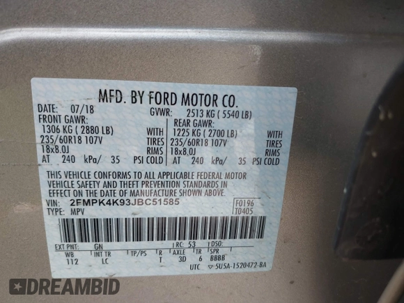 2018 Ford Edge Titanium with VIN 2FMPK4K93JBC51585, listed as a IAAI auction lot 42095968 with 26,095 mi miles. Bid and sale history available at carsss.com. Image 9.