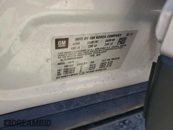 2017 Chevrolet Trax LS with VIN KL7CJNSB3HB184840, listed as a Copart auction lot 54049475 with 147,865 mi miles and Salvage Title. Bid and sale history available at carsss.com. Image 13.
