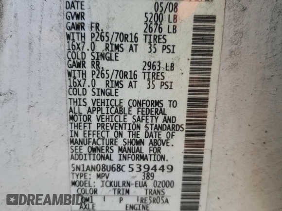 2008 Nissan Xterra S with VIN 5N1AN08U68C539449, listed as a Copart auction lot 55049475 with 221,918 mi miles and Clean Title. Bid and sale history available at DreamBid. Image 13.