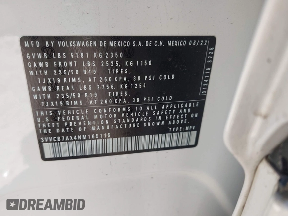 2022 Volkswagen Tiguan SE R-Line Black with VIN 3VVCB7AX4NM165115, listed as a IAAI auction lot 41624320 with 18,074 mi miles and . Bid and sale history available at DreamBid. Image 9.