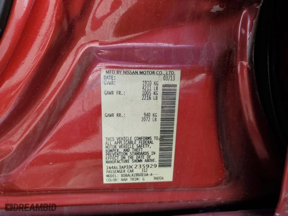 2013 Nissan Altima 2.5 SV with VIN 1N4AL3AP1DC235929, listed as a Copart auction lot 52626045 with 0 mi miles and Clean Title. Bid and sale history available at carsss.com. Image 12.