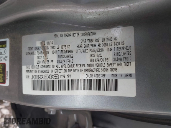 2014 Mazda CX-9 Touring with VIN JM3TB2CA1E0434353, listed as a IAAI auction lot 41836889 with 151,128 mi miles. Bid and sale history available at carsss.com. Image 9.
