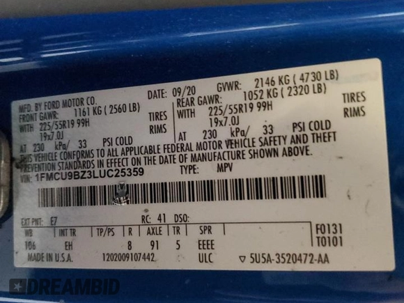 2020 Ford Escape SE Sport Hybrid with VIN 1FMCU9BZ3LUC25359, listed as a Copart auction lot 47281765 with Not Provided miles and Salvage Title. Bid and sale history available at DreamBid. Image 12.