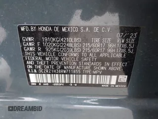 2024 Honda HR-V LX with VIN 3CZRZ1H38RM711855, listed as a IAAI auction lot 41103966 with 12,519 mi miles. Bid and sale history available at carsss.com. Image 9.