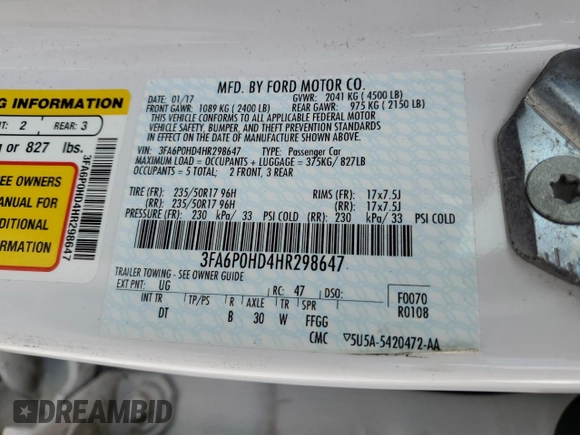 2017 Ford Fusion SE with VIN 3FA6P0HD4HR298647, listed as a Copart auction lot 55511825 with 53,138 mi miles and Salvage title. Bid and sale history available at DreamBid. Image 13.
