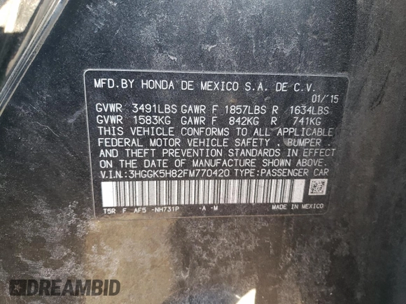 2015 Honda Fit EX-L with VIN 3HGGK5H82FM770420, listed as a Copart auction lot 52145715 with 116,351 mi miles and Clean Title. Bid and sale history available at DreamBid. Image 12.
