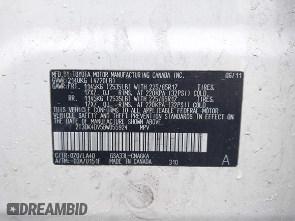 2011 Toyota RAV4 Ltd with VIN 2T3DK4DV5BW055924, listed as a IAAI auction lot 41687088 with 116,824 mi miles. Bid and sale history available at carsss.com. Image 9.
