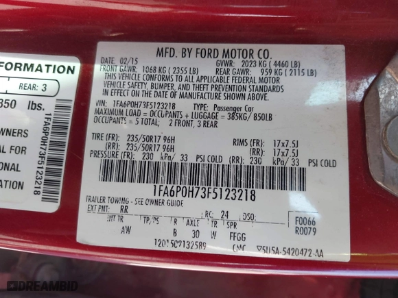 2015 Ford Fusion SE with VIN 1FA6P0H73F5123218, listed as a IAAI auction lot 42010665 with 185,309 mi miles. Bid and sale history available at carsss.com. Image 9.