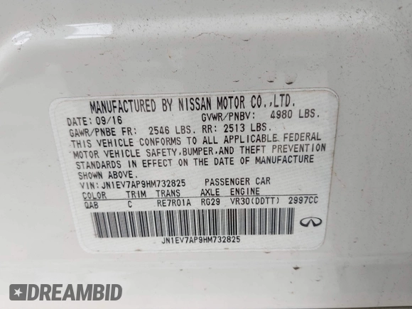 2017 Infiniti Q50 3.0t Premium with VIN JN1EV7AP9HM732825, listed as a IAAI auction lot 41908792 with 102,661 mi miles. Bid and sale history available at carsss.com. Image 9.