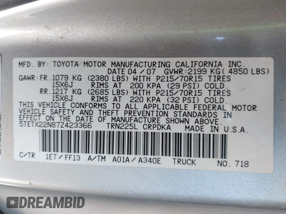 2007 Toyota Tacoma with VIN 5TETX22N87Z423366, listed as a IAAI auction lot 41329830 with 179,095 mi miles and . Bid and sale history available at DreamBid. Image 9.