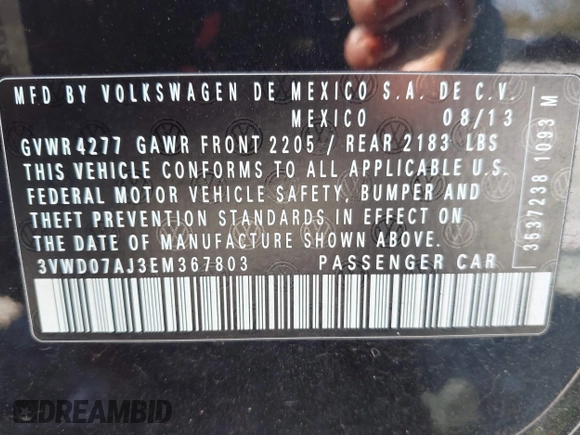 2014 Volkswagen Jetta SE с VIN 3VWD07AJ3EM367803, выставлен на аукционе IAAI как лот 41799074 с пробегом 124 592 миль миль и . История ставок и продаж доступна на DreamBid. Изображение 9.