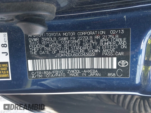 2013 Toyota Prius One with VIN JTDKN3DU6D0343622, listed as a IAAI auction lot 42098154 with 337,881 mi miles. Bid and sale history available at carsss.com. Image 9.