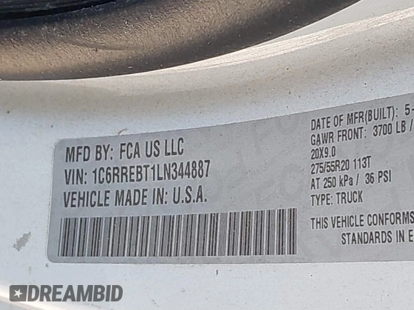 2020 Ram 1500 Big Horn with VIN 1C6RREBT1LN344887, listed as a IAAI auction lot 39670966 with Not provided miles and . Bid and sale history available at DreamBid. Image 9.