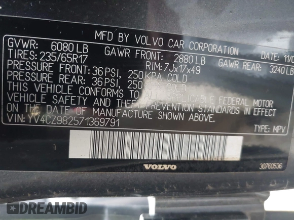 2007 Volvo XC90 I6 with VIN YV4CZ982571369791, listed as a IAAI auction lot 42086609 with 179,652 mi miles. Bid and sale history available at carsss.com. Image 9.