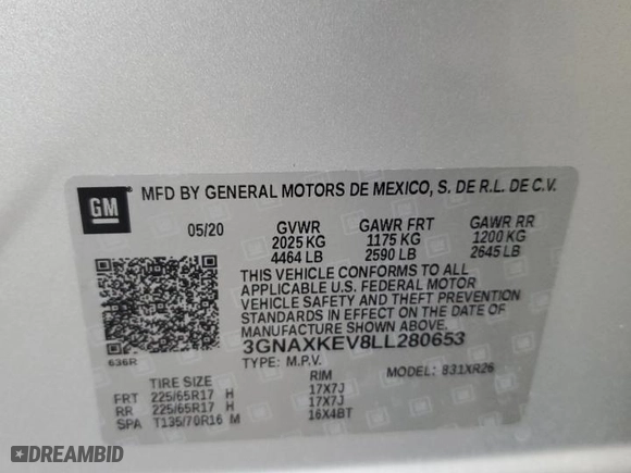 2020 Chevrolet Equinox LT with VIN 3GNAXKEV8LL280653, listed as a Copart auction lot 46167895 with 38,885 mi miles and Salvage Title. Bid and sale history available at carsss.com. Image 14.