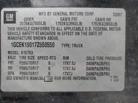 2007 Chevrolet Silverado 1500 LTZ with VIN 1GCEK19017Z550550, listed as a IAAI auction lot 41380834 with 429,353 mi miles. Bid and sale history available at carsss.com. Image 9.