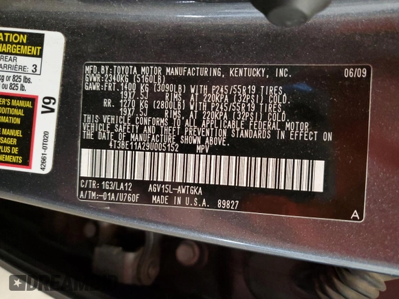 2009 Toyota Venza with VIN 4T3BE11A29U005152, listed as a Copart auction lot 54093425 with 167,998 mi miles and Salvage Title. Bid and sale history available at DreamBid. Image 14.